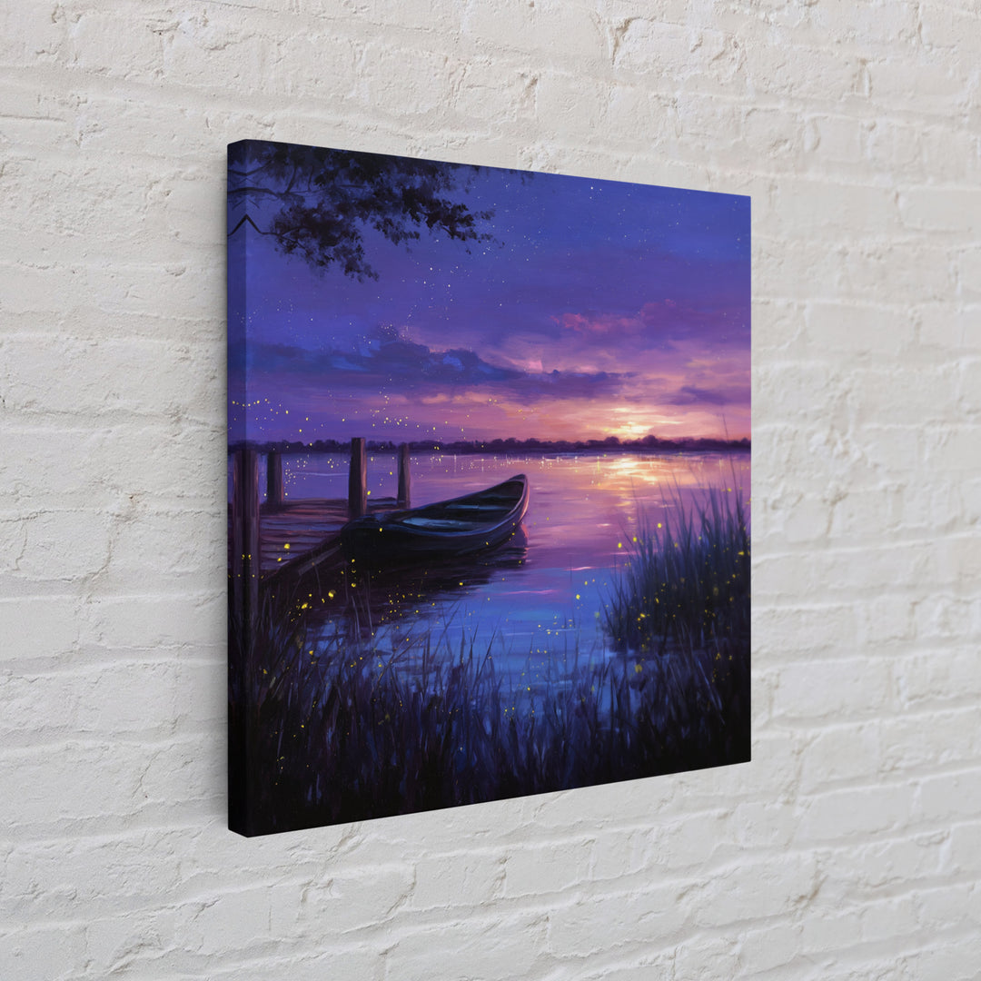 Twilight Lake With Boat And Fireflies Painting Wall Art, Dreamy Night Landscape Print, Romantic Nature Bedroom Decor
