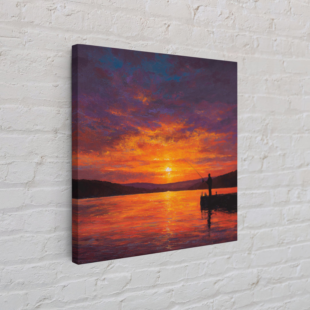 Fisherman At Fiery Sunset Wall Art, Serene Lake Landscape Canvas Print, Rustic Cabin Decor, Peaceful Nature Living Room Wall Art