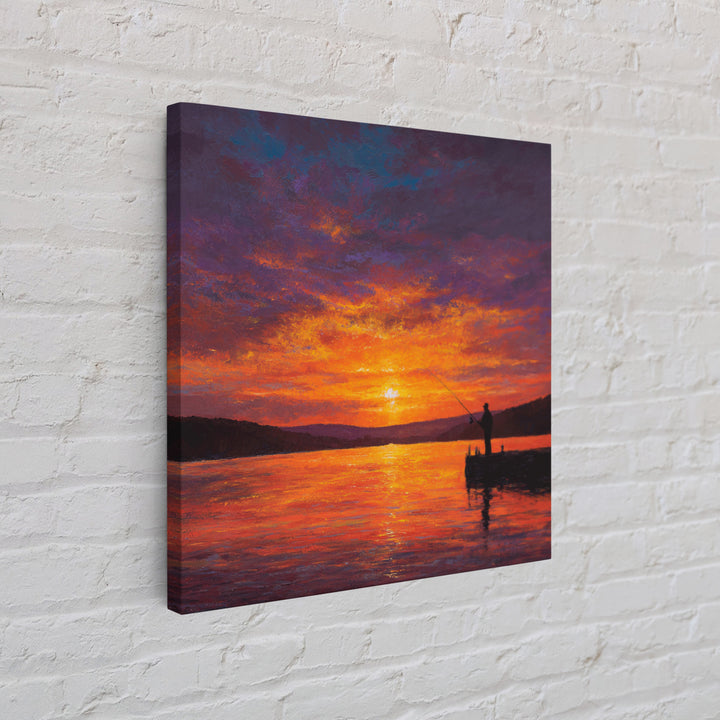 Fisherman At Fiery Sunset Wall Art, Serene Lake Landscape Canvas Print, Rustic Cabin Decor, Peaceful Nature Living Room Wall Art