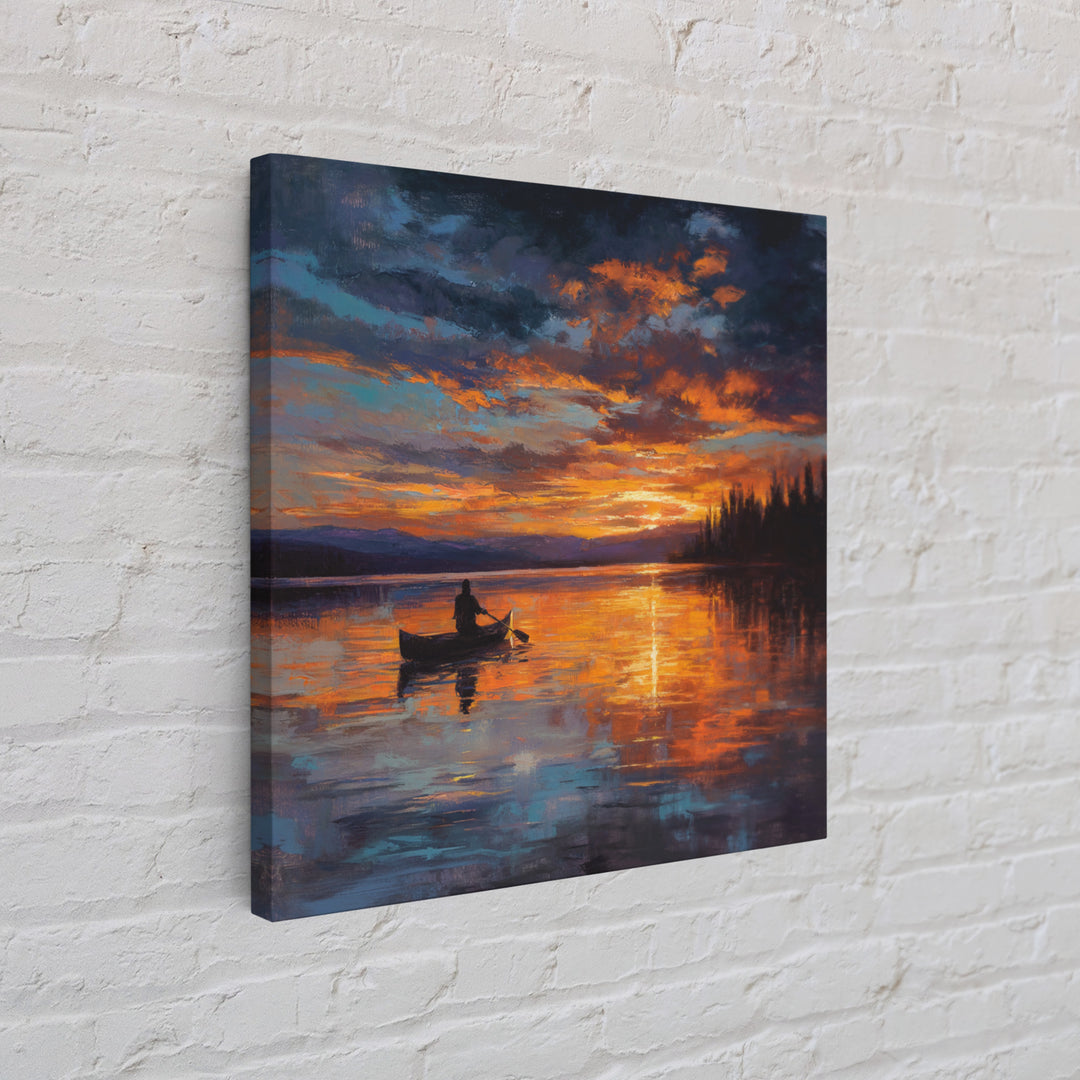 Canoe On Fiery Lake Sunset Framed Canvas Print, Impressionist Landscape Wall Art For Cozy Living Room Or Cabin Home Decor
