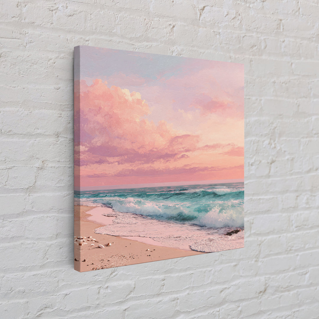Pink Ocean Waves At Sunset Canvas Print, Pastel Coastal Wall Art, Beach House Decor, Large Living Room Wall Decor, Serene Seascape
