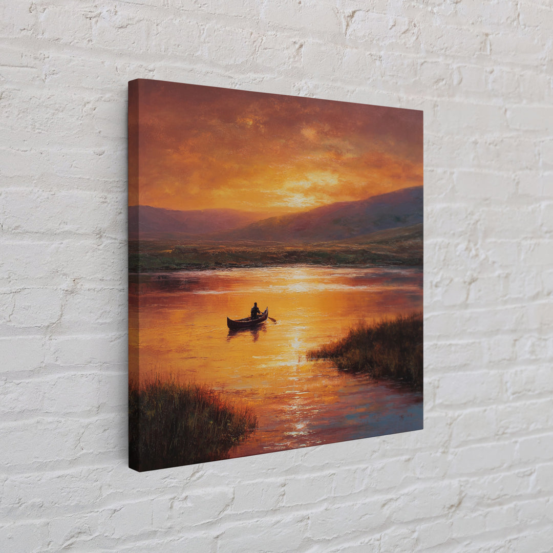 Golden Canoe At Sunset Lake Landscape Wall Art Canvas Print For Living Room Decor, Calming Nature Painting Home Decor