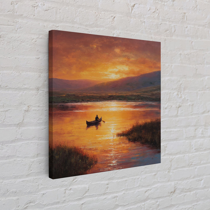 Golden Canoe At Sunset Lake Landscape Wall Art Canvas Print For Living Room Decor, Calming Nature Painting Home Decor