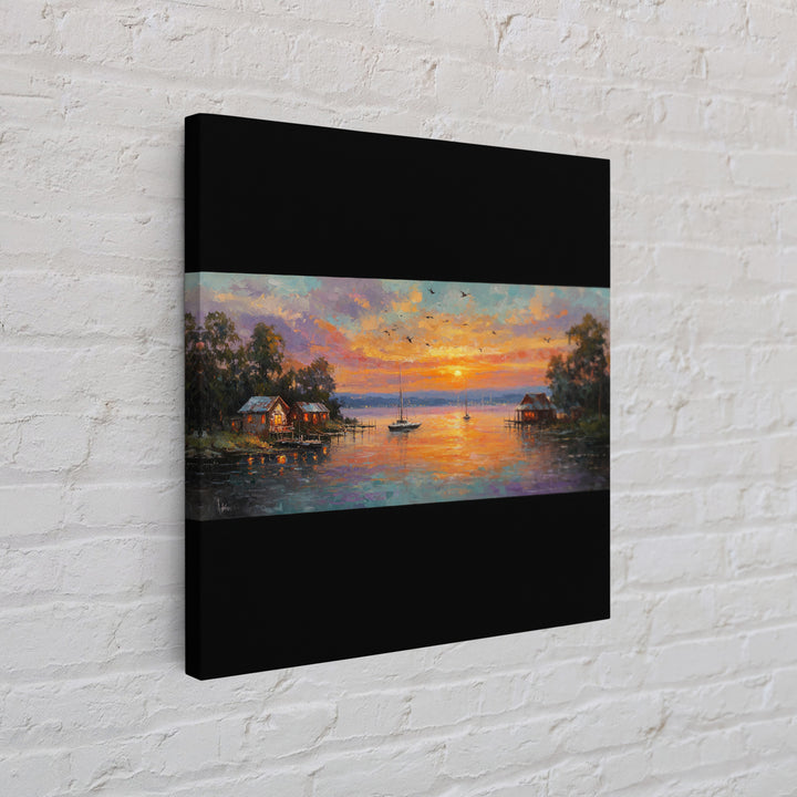Sunset Lake Houses Palette Knife Painting Panoramic Wall Art Large Horizontal Canvas Print Coastal Wall Decor