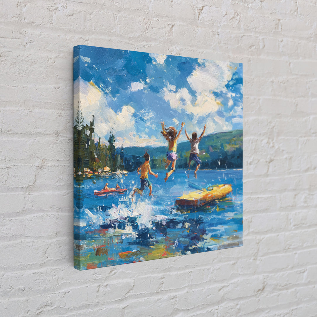 Kids Jumping Off Dock Lake Day Wall Art, Colorful Impressionist Summer Canvas Print, Playful Lake House Painting For Family Room Or Nursery