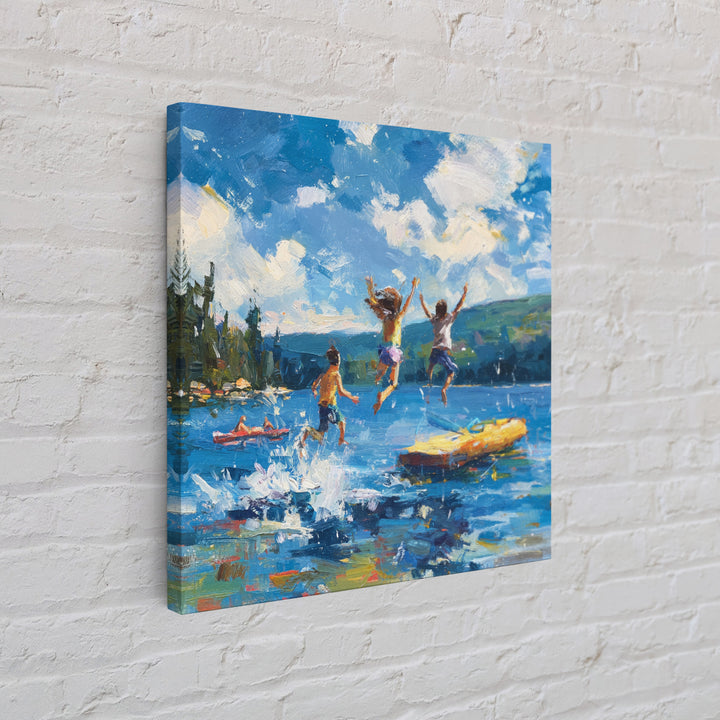 Kids Jumping Off Dock Lake Day Wall Art, Colorful Impressionist Summer Canvas Print, Playful Lake House Painting For Family Room Or Nursery