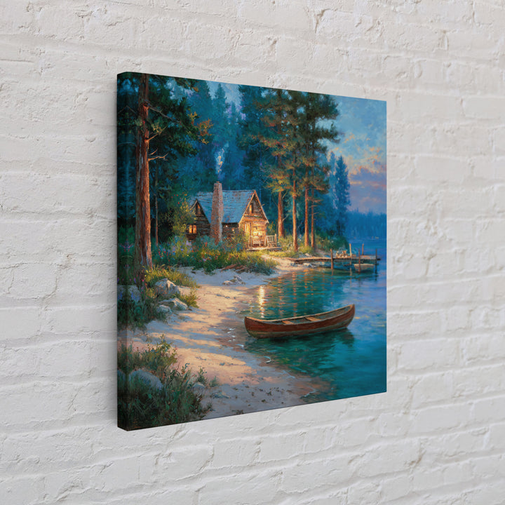 Cozy Lakeside Cabin At Dusk Landscape Wall Art Print, Rustic Lake House Home Decor, Nature Painting Living Room Wall Art