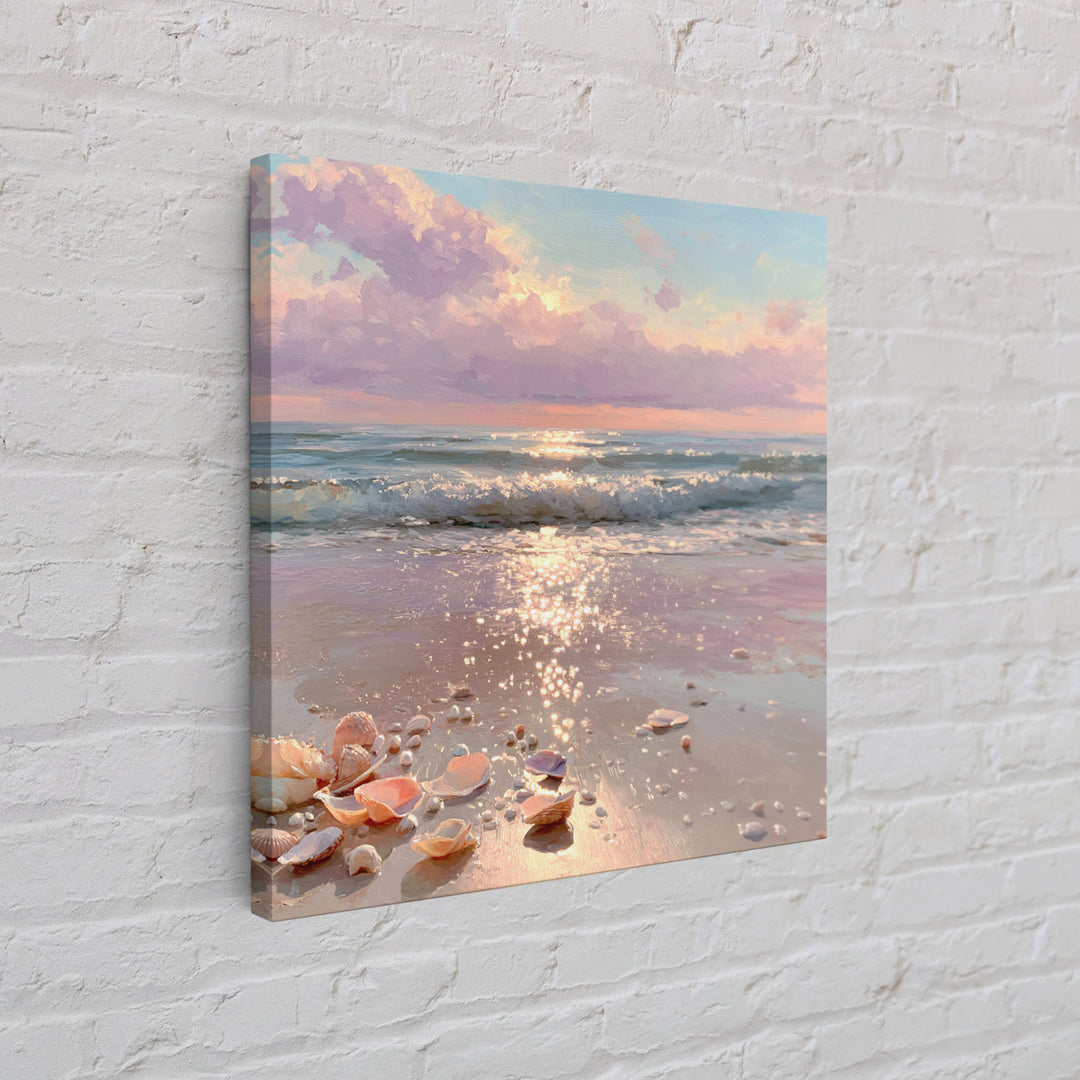 Sparkling Seashell Beach Sunrise Framed Canvas Print, Coastal Wall Art, Ocean Waves, Nautical Living Room Decor, Beach House Gift