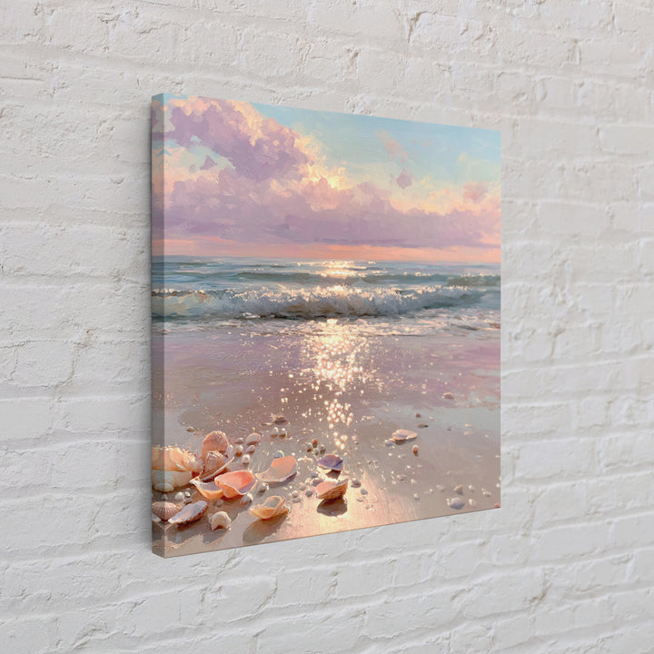 Sparkling Seashell Beach Sunrise Framed Canvas Print, Coastal Wall Art, Ocean Waves, Nautical Living Room Decor, Beach House Gift