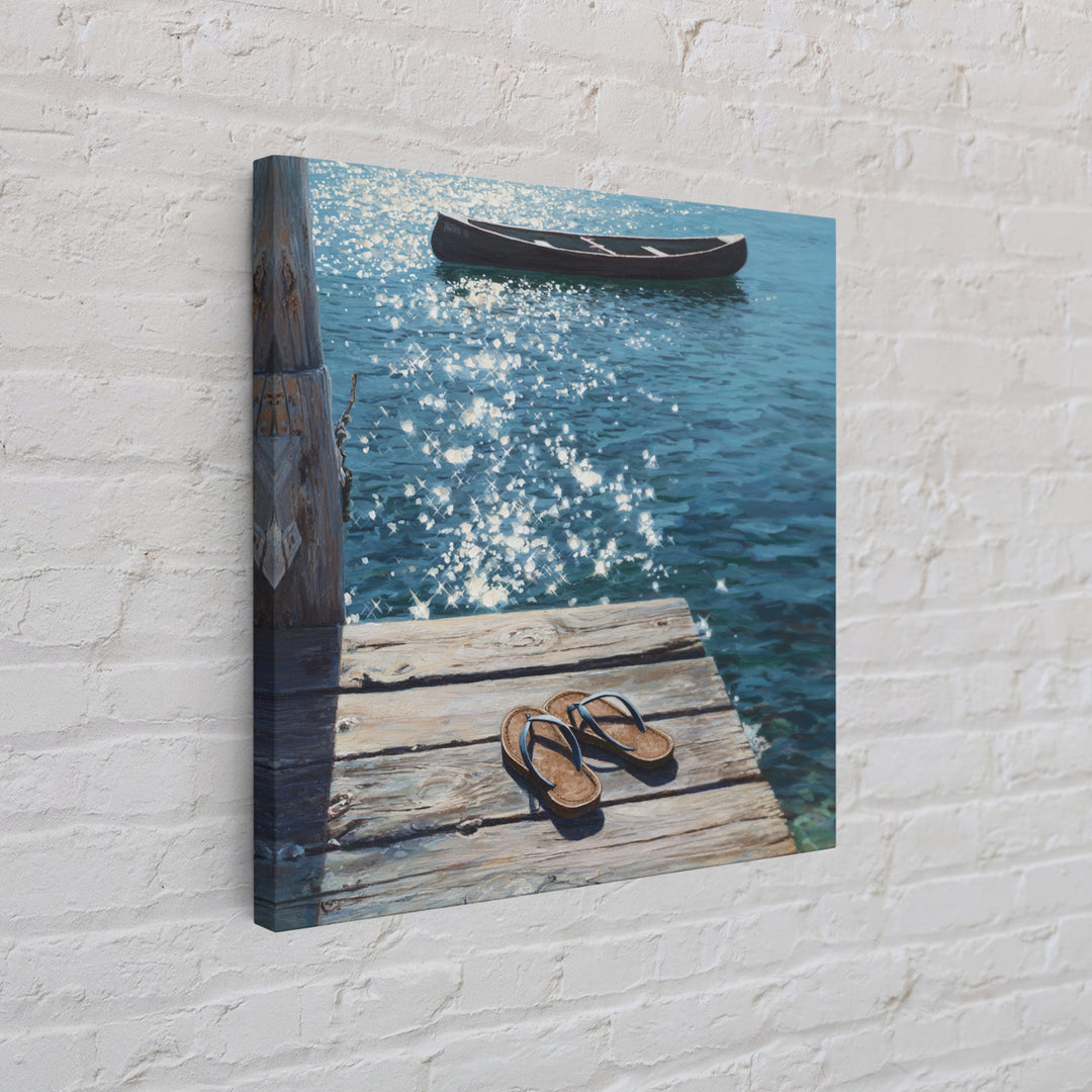 Sparkling Lake Dock With Boat Realism Wall Art, Coastal Summer Canvas Print, Beach House Decor Relaxing Ocean Lake Scene