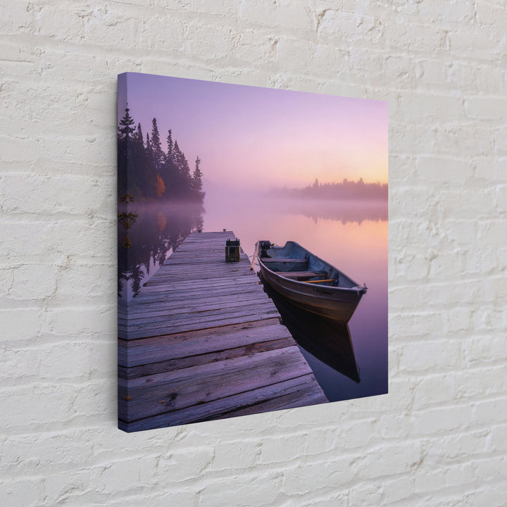 Serene Misty Lake Dock Wall Art, Calming Boat Landscape Canvas Print, Minimalist Nature Photography, Lake House Decor