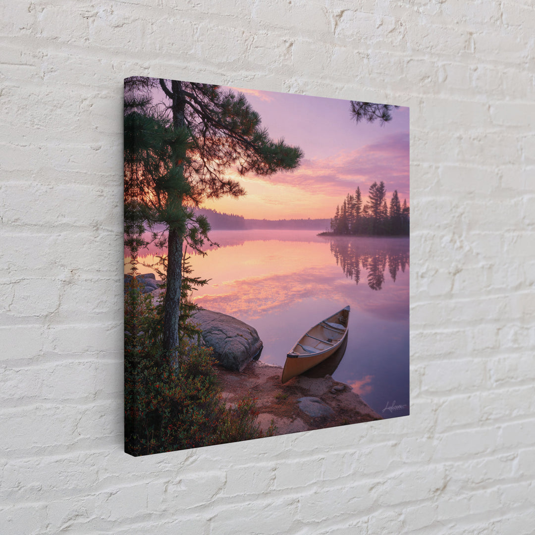 Canoe At Sunrise Lake Wall Art, Tranquil Morning Landscape Canvas Print, Nature Photography For Cabin Or Living Room Decor