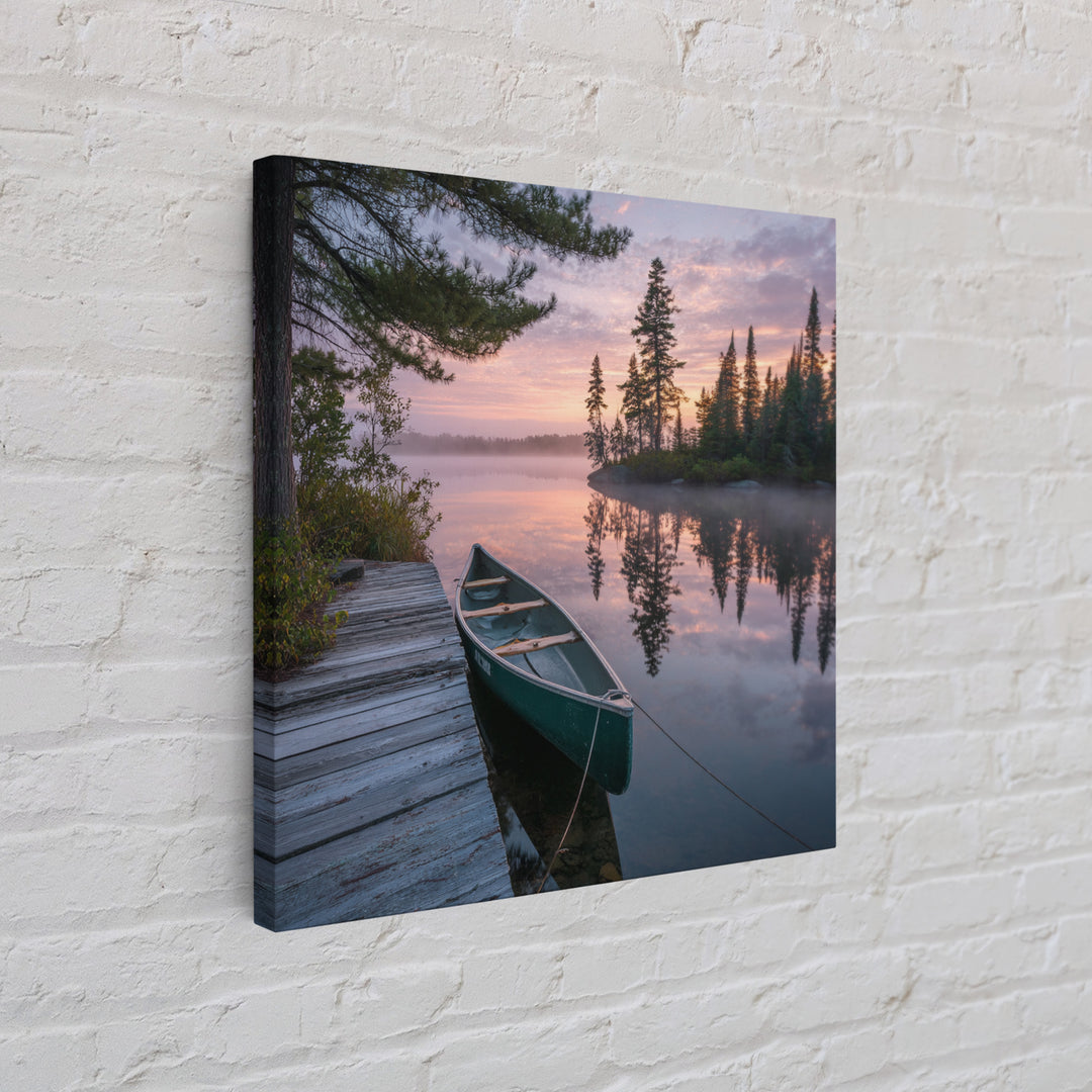 Tranquil Canoe At Sunrise Lake Landscape Wall Art Print, Serene Nature Photography, Cabin Rustic Home Decor Wall Art