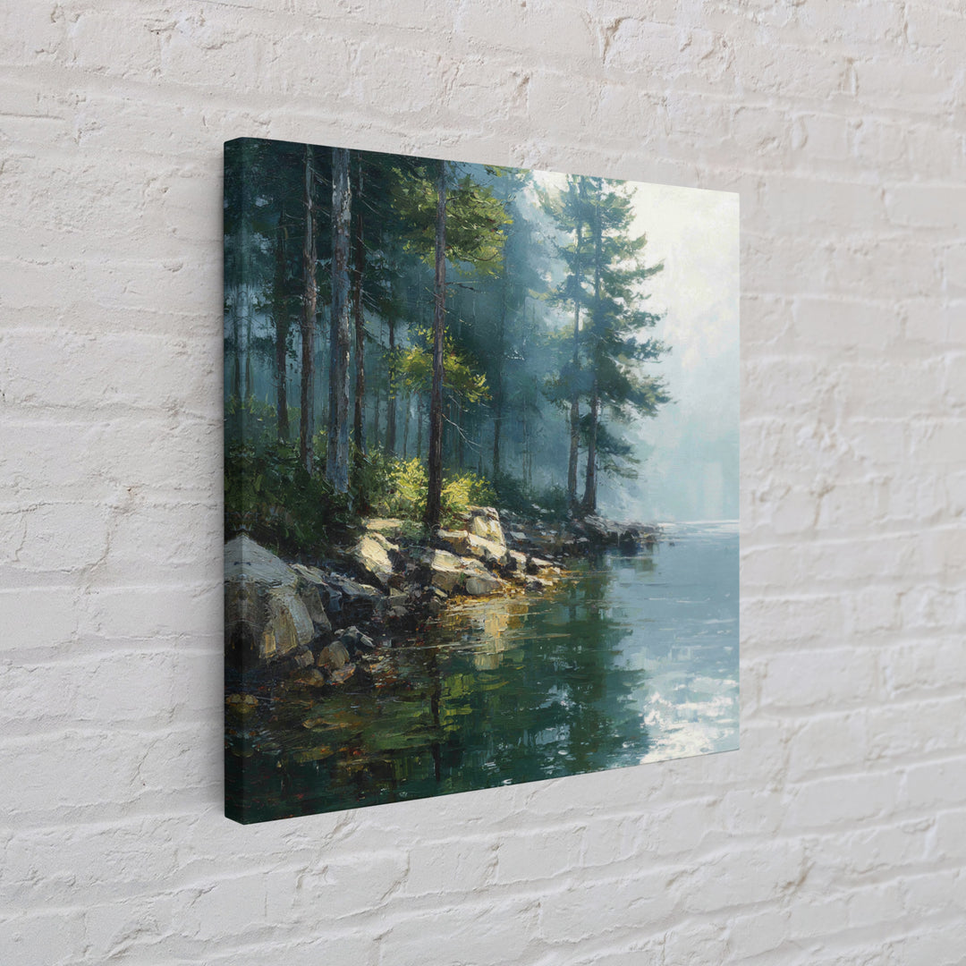 Misty Forest Lake Landscape Wall Art, Tranquil Nature Painting, Cabin Retreat Decor, Large Coastal Forest Canvas Print