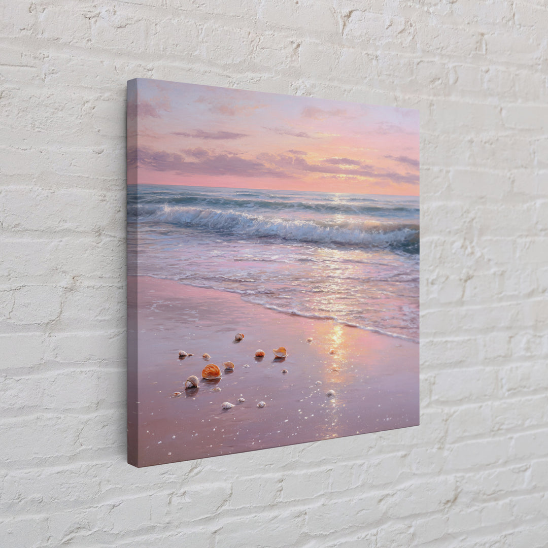 Pastel Sunset Ocean Shore With Seashells Canvas Print, Pink Coastal Wall Art, Beach House Decor, Calming Seascape, Living Room Wall Decor