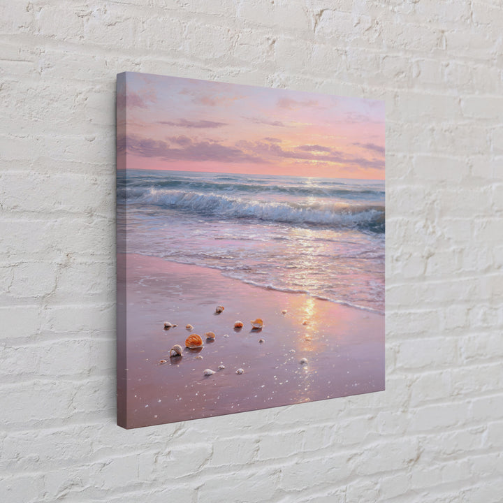 Pastel Sunset Ocean Shore With Seashells Canvas Print, Pink Coastal Wall Art, Beach House Decor, Calming Seascape, Living Room Wall Decor