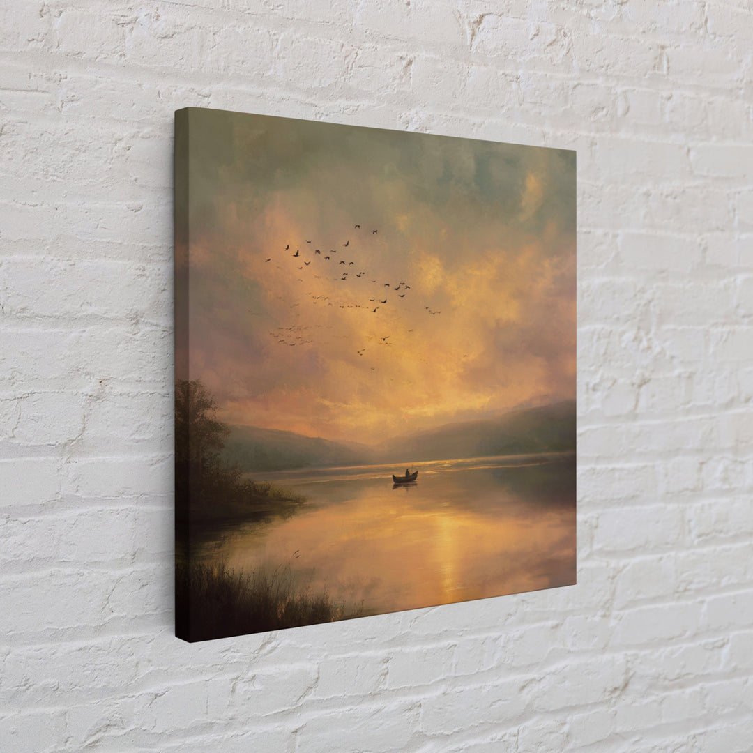 Golden Sunset Rowboat Landscape Wall Art, Romantic Lake Canvas Print For Cozy Living Room Decor And Bedroom Wall