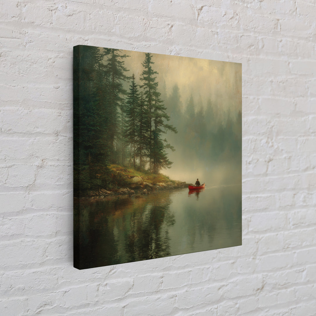Misty Forest Lake With Red Canoe Wall Art, Peaceful Morning Landscape Canvas Print, Cozy Cabin Decor Artwork