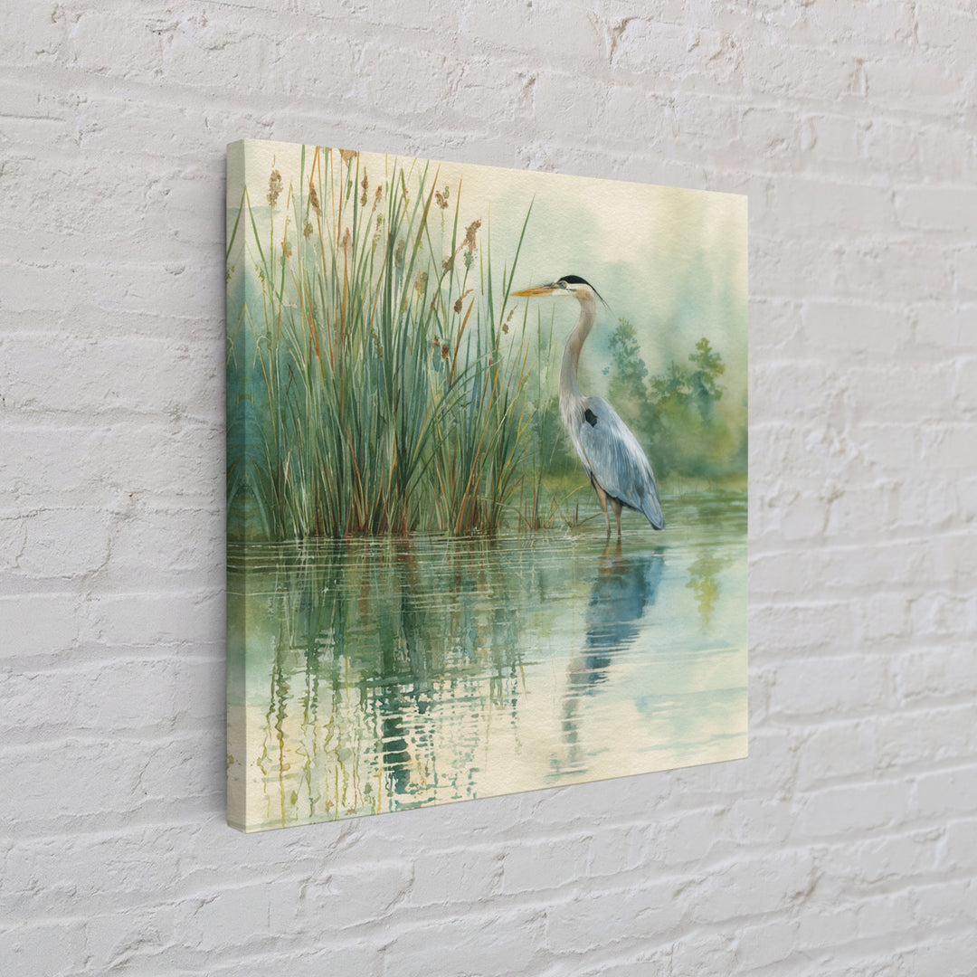Heron Marsh Watercolor Wall Art, Nature Bird Canvas Print, Tranquil Coastal Landscape Art For Bathroom Or Living Room