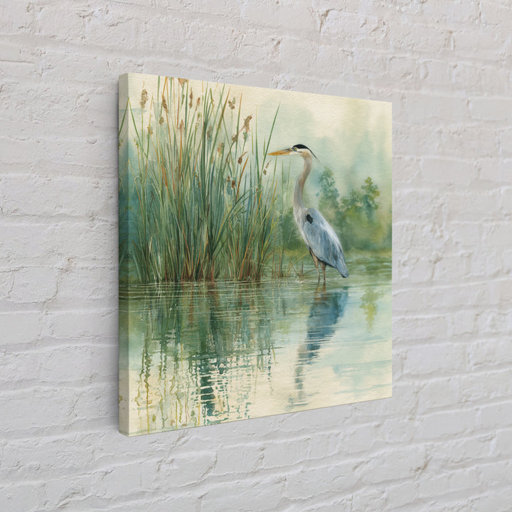 Heron Marsh Watercolor Wall Art, Nature Bird Canvas Print, Tranquil Coastal Landscape Art For Bathroom Or Living Room