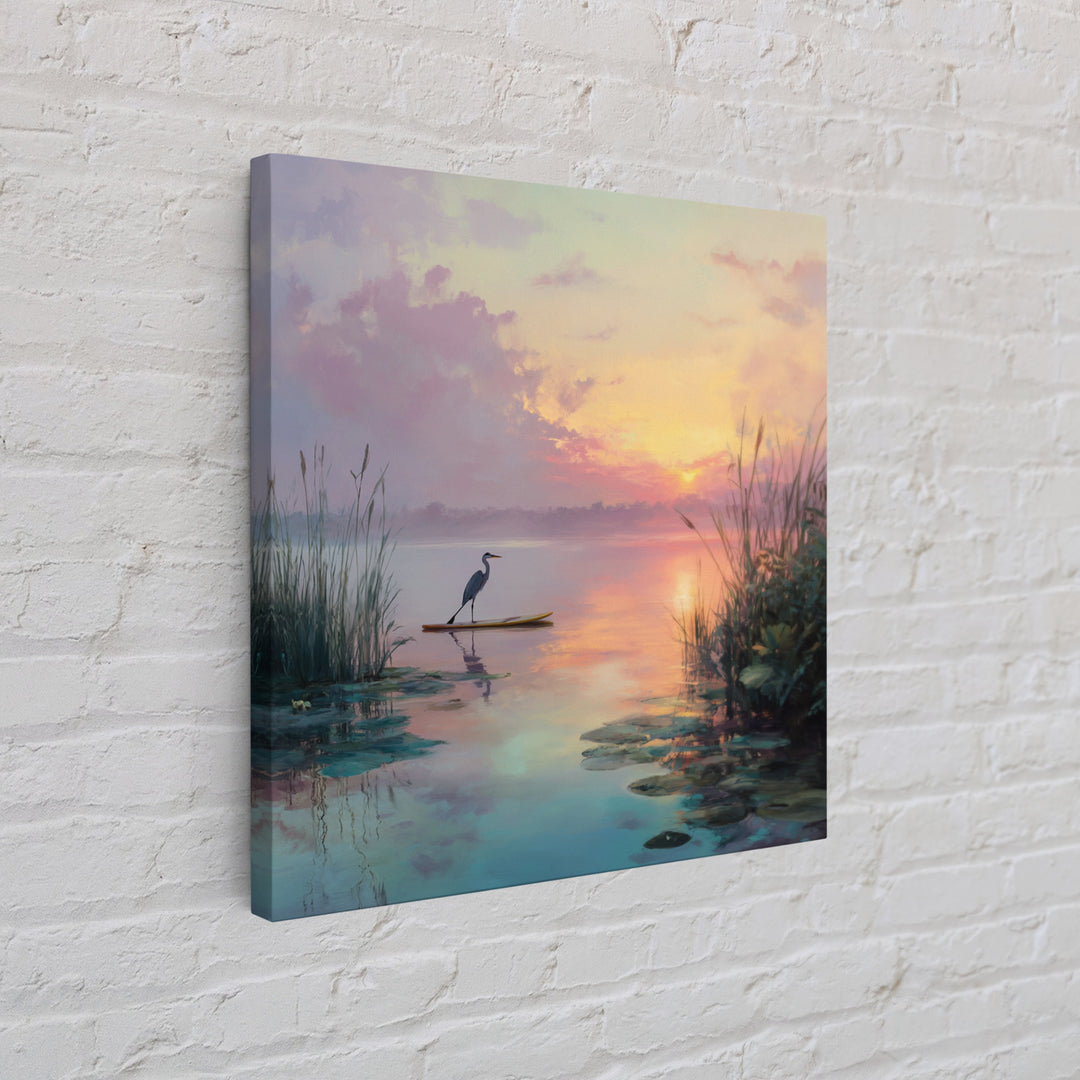 Pastel Lake Sunrise Heron Reeds And Lilies Landscape Wall Art Canvas Print Calming Nature Home Decor Bedroom Wall Art