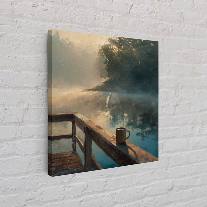 Misty Lake Morning Dock Wall Art, Coffee Mug By Water, Calming Landscape Canvas Print For Bedroom Or Living Room Decor