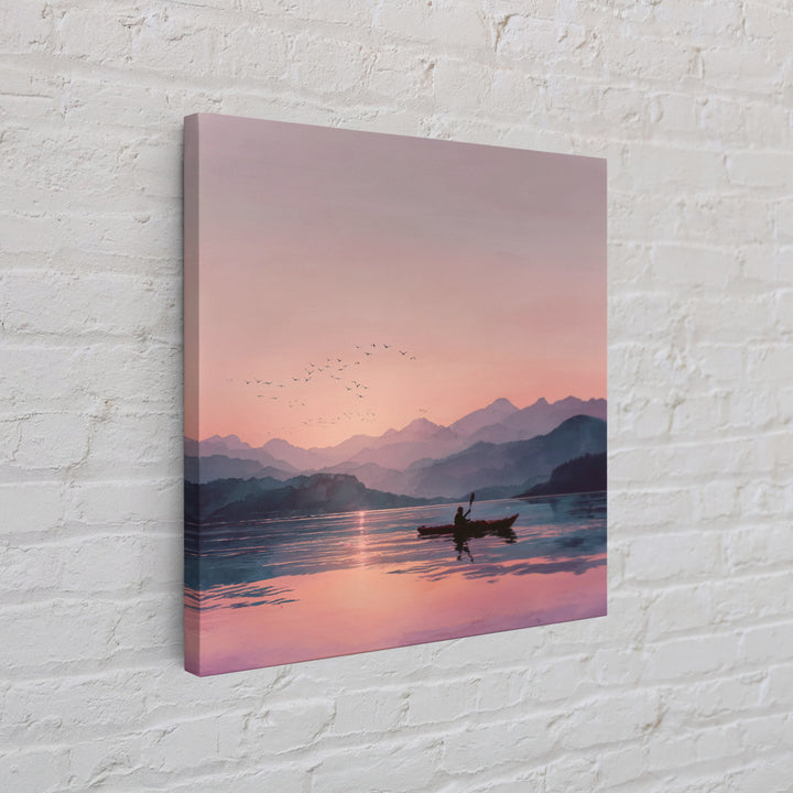 Serene Kayak At Pink Mountain Sunrise Landscape Wall Art, Calming Lake Painting, Nature Home Decor Canvas Print