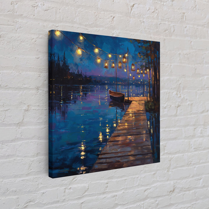Romantic Lakeside Dock At Night Boat Lights Reflections Wall Art Canvas Print Modern Coastal Home Decor Living Room Wall Art