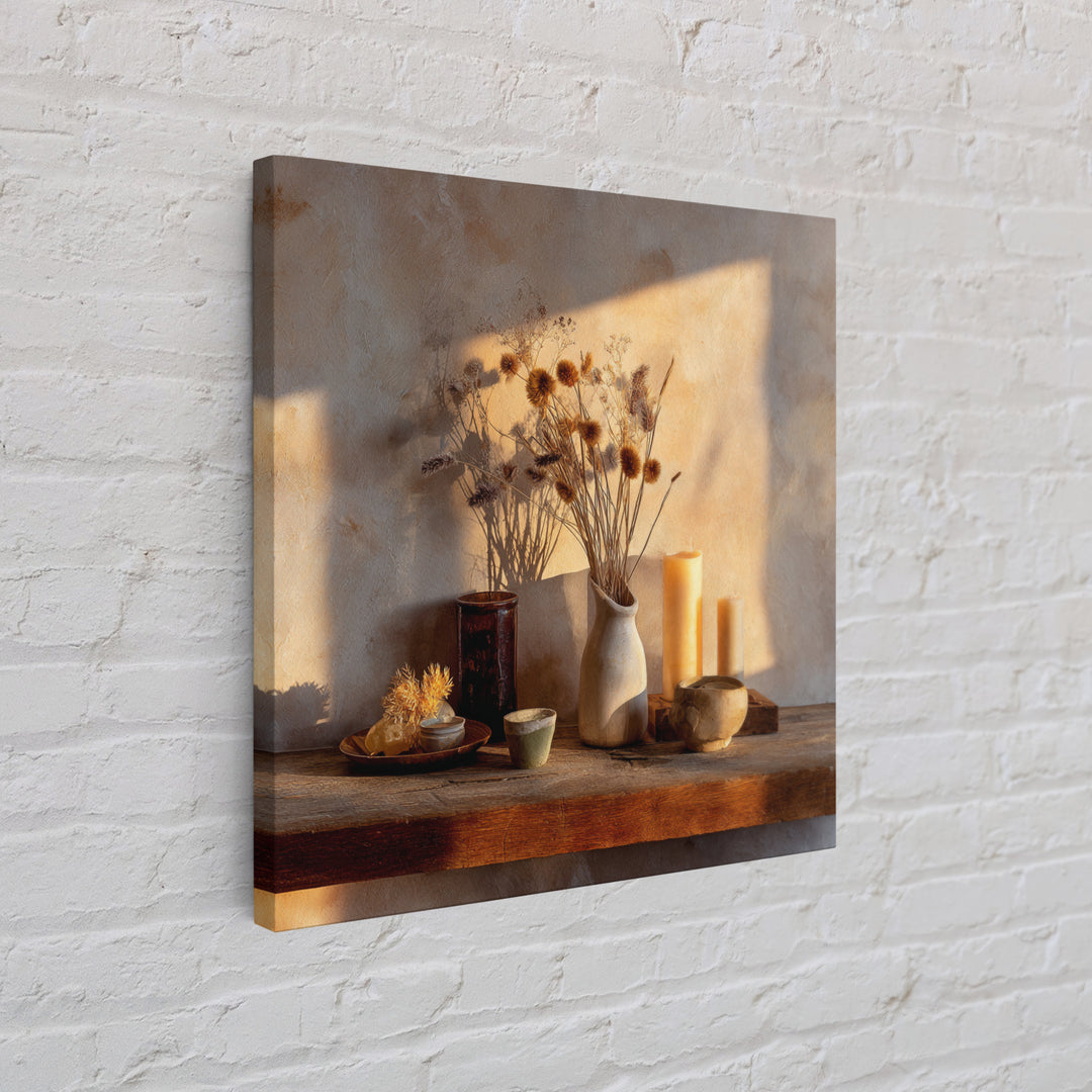Rustic Dried Flower Still Life With Candles Wall Art, Neutral Wabi Sabi Decor, Farmhouse Shelf Fine Art Print, Warm Earth Tone Home Decor