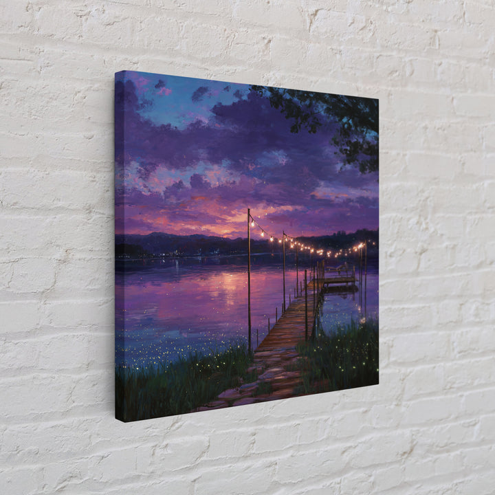 Magical Lakeside Dock At Twilight Wall Art, Firefly Lake Sunset Painting, Calming Landscape Canvas Print Home Decor