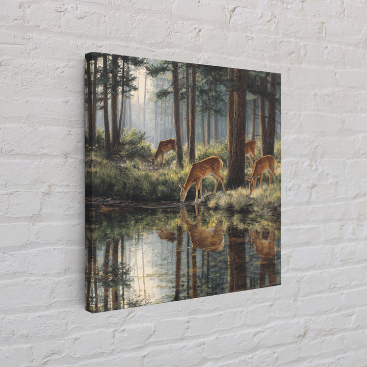 Deer Drinking At Forest Lake Wall Art, Peaceful Wildlife Landscape Canvas Print, Rustic Cabin Decor, Nature Inspired Living Room Art