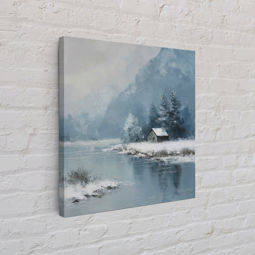 Winter Cabin By Lake Wall Art, Snowy Mountain Landscape Canvas Print, Cozy Rustic Home Decor For Living Room Or Cabin