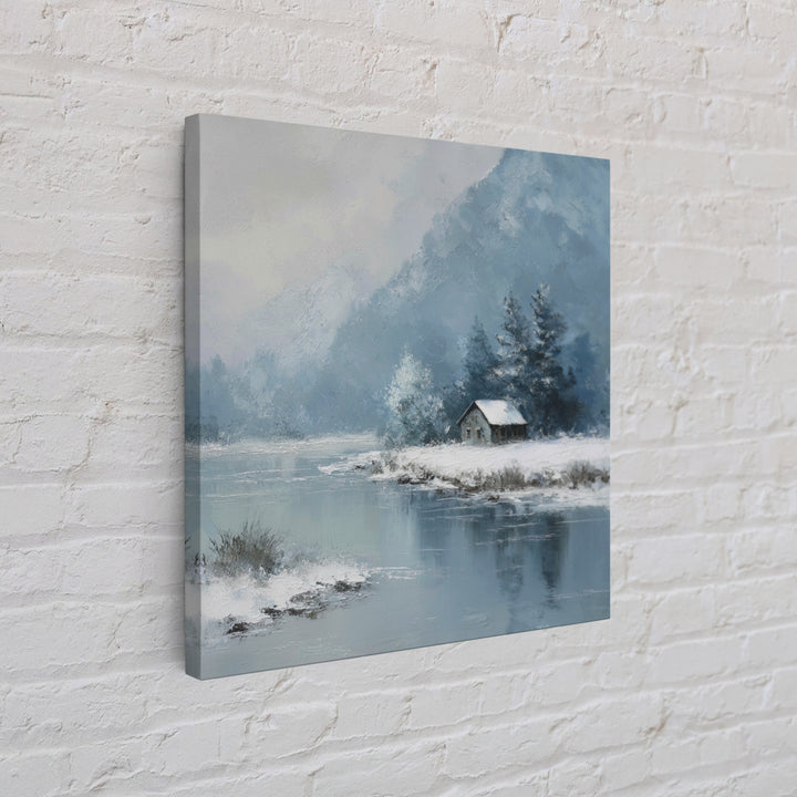 Winter Cabin By Lake Wall Art, Snowy Mountain Landscape Canvas Print, Cozy Rustic Home Decor For Living Room Or Cabin
