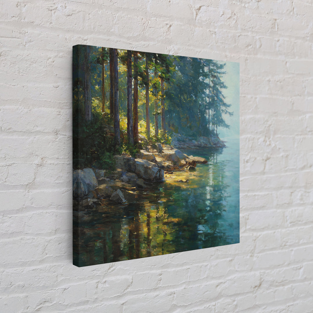 Sunlit Forest Lake With Reflections Landscape Wall Art, Nature Painting For Cabin Or Living Room, Canvas Print