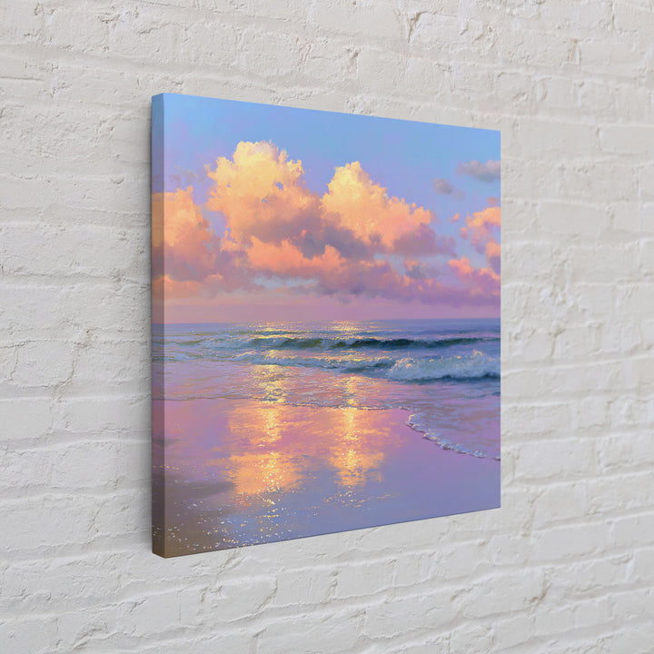 Pastel Ocean Sunset With Peach Clouds Canvas Print, Coastal Wall Art, Beach House Decor, Serene Living Room Seascape Wall Decor