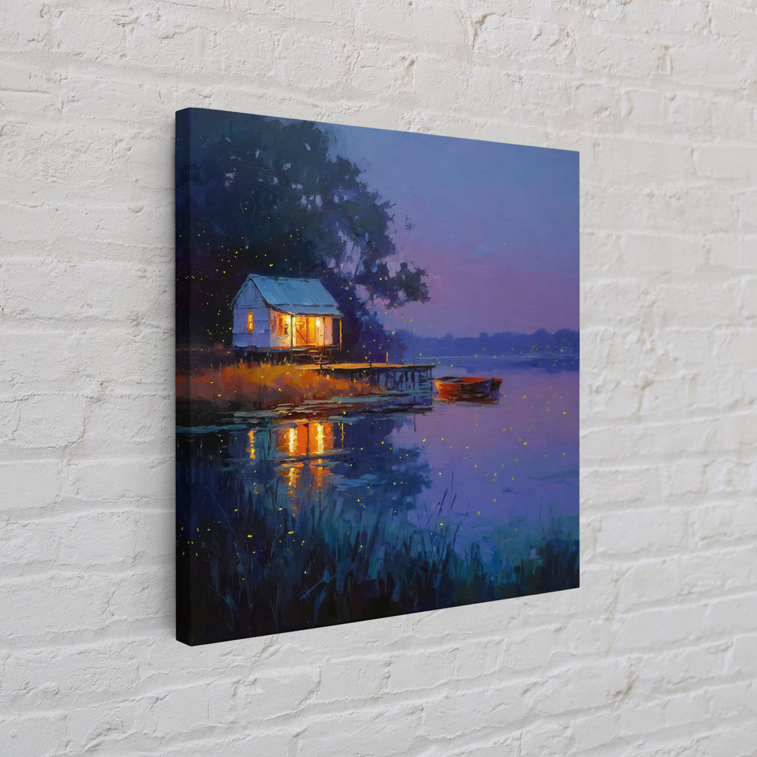 Cozy Lake Cabin At Dusk Framed Canvas Print, Fireflies Over Water Landscape Art, Rustic Wall Art For Cottage Or Living Room