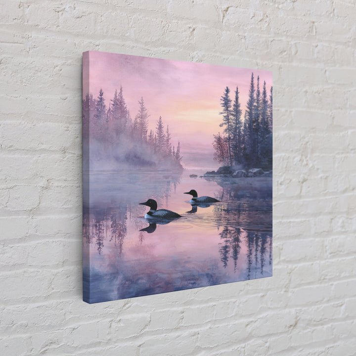 Misty Loon Lake Sunrise Wall Art, Tranquil Forest Landscape Canvas Print, Serene Cabin Decor, Peaceful Lake House Bedroom Art