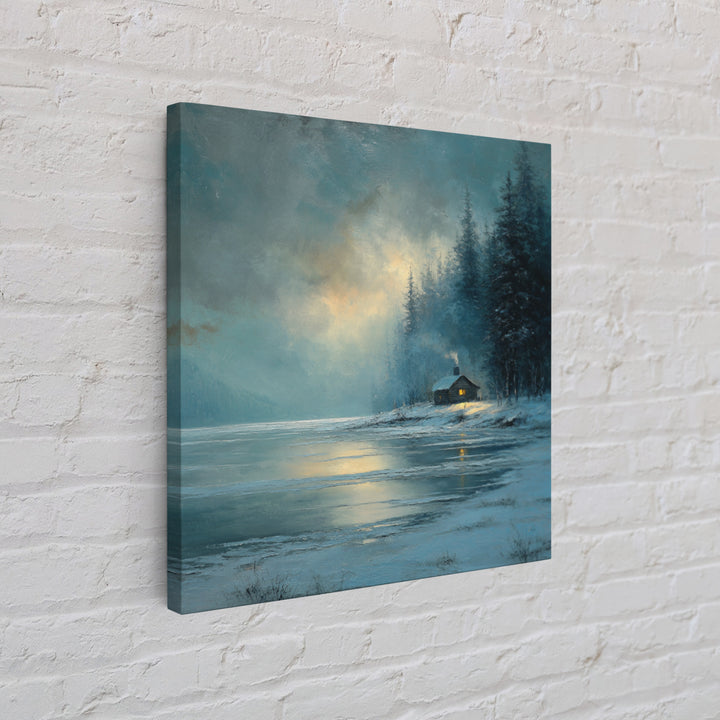 Cozy Winter Cabin By Frozen Lake Wall Art, Snowy Forest Landscape Framed Canvas Print, Rustic Cabin Decor, Calming Artwork