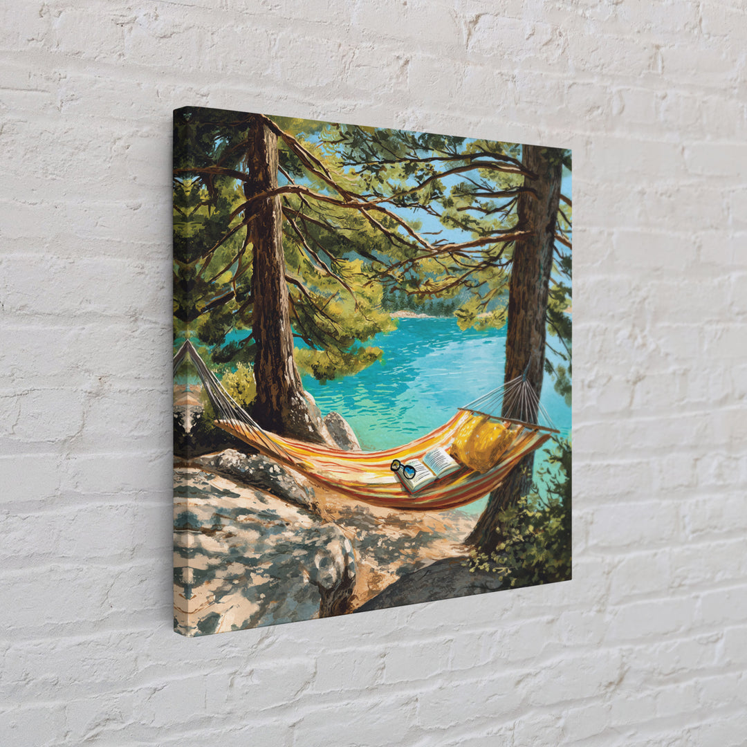 Hammock By Turquoise Lake Wall Art, Cozy Reading Nook In Pines Painting Print, Summer Cabin Home Decor Framed Canvas Print