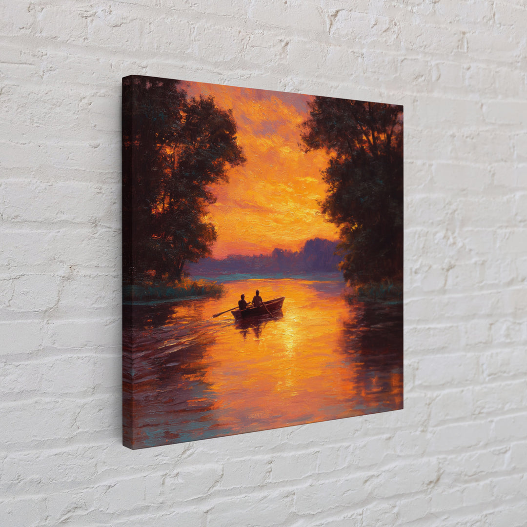 Couple Rowing Boat At Glowing Sunset Wall Art, Romantic Lake Landscape Canvas Print, Warm Living Room Home Decor