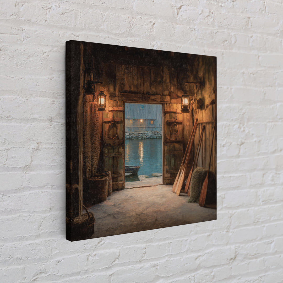 Warm Boat House Interior With Lanterns At Dusk Wall Art, Rustic Nautical Home Decor, Coastal Lake Framed Canvas Print