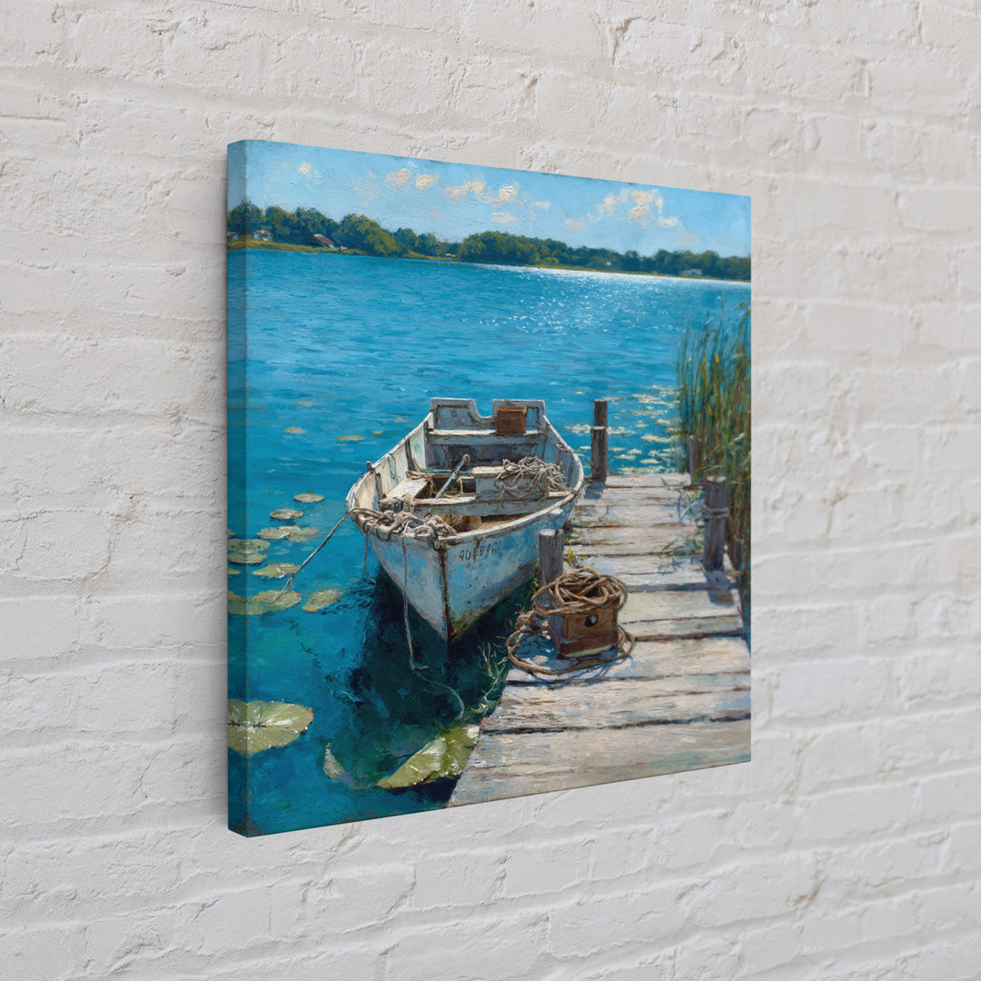 Serene Rowboat Lake Landscape Wall Art For Beach House Decor, Coastal Seascape Canvas Print, Nautical Living Room Artwork
