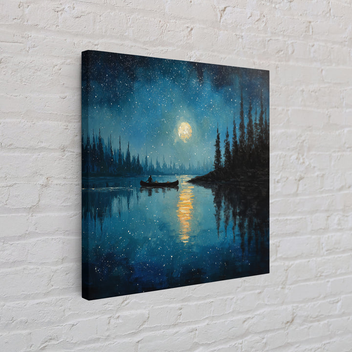 Moonlit Lake Canoe Night Landscape Wall Art, Starry Sky Reflection Print, Calming Nature Decor For Bedroom Wall Art