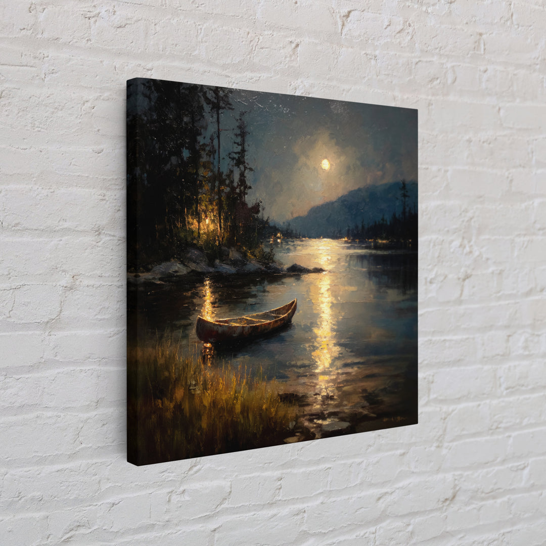 Moody Moonlit Lake Canoe Wall Art, Romantic Night Landscape Print, Rustic Cabin Decor, Calming Nature Art For Bedroom Or Living Room