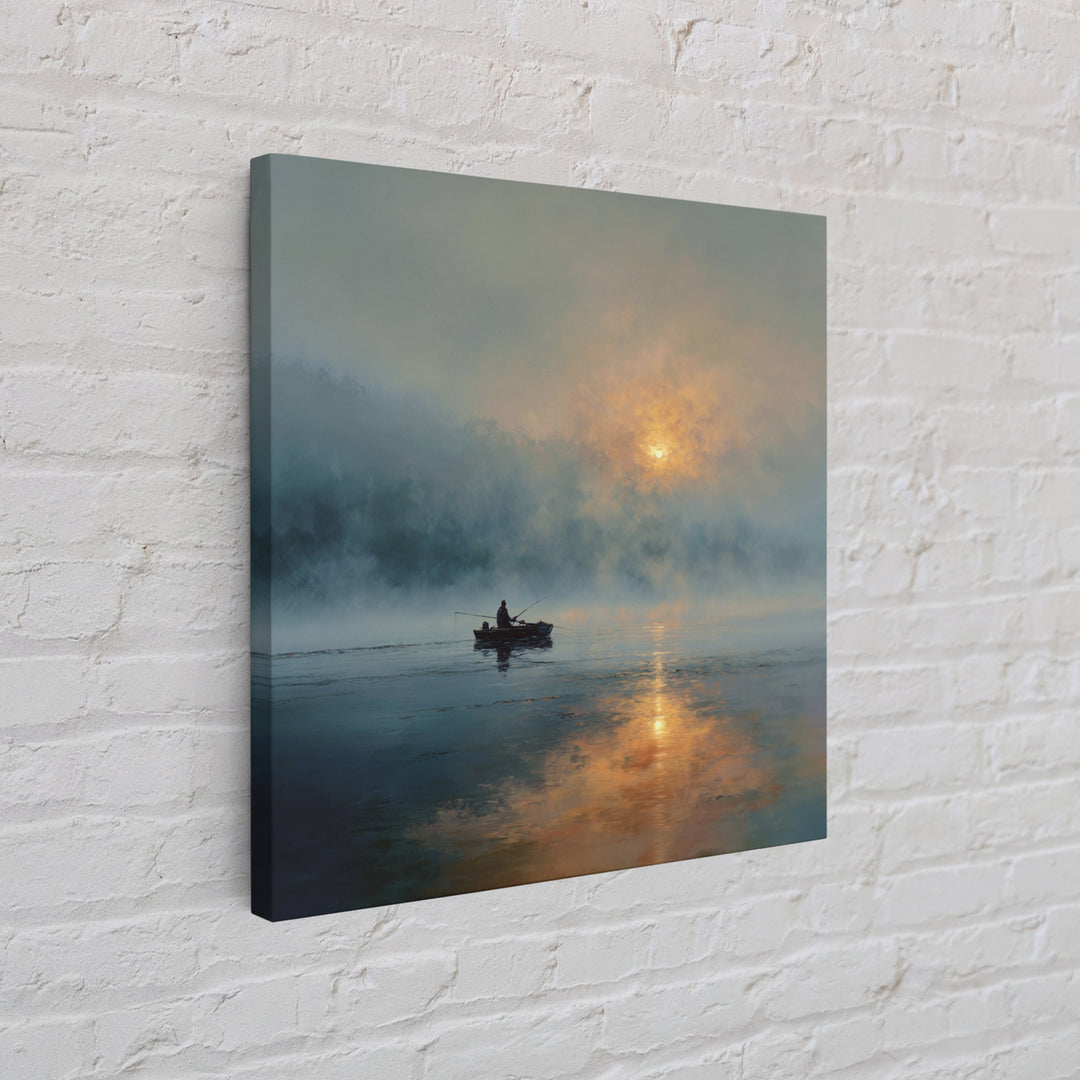 Misty Lake Sunrise Fisher In Boat Landscape Wall Art, Calming Nature Canvas Print, Modern Home Decor Living Room Art