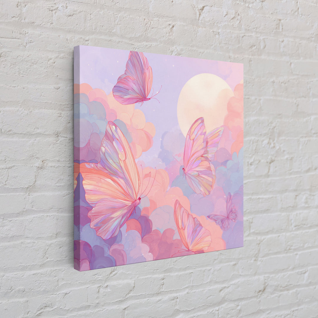 Pastel Pink Butterflies Moon Wall Art, Dreamy Celestial Canvas Print, Coquette Nursery Decor, Whimsical Bedroom Art Gift For Her