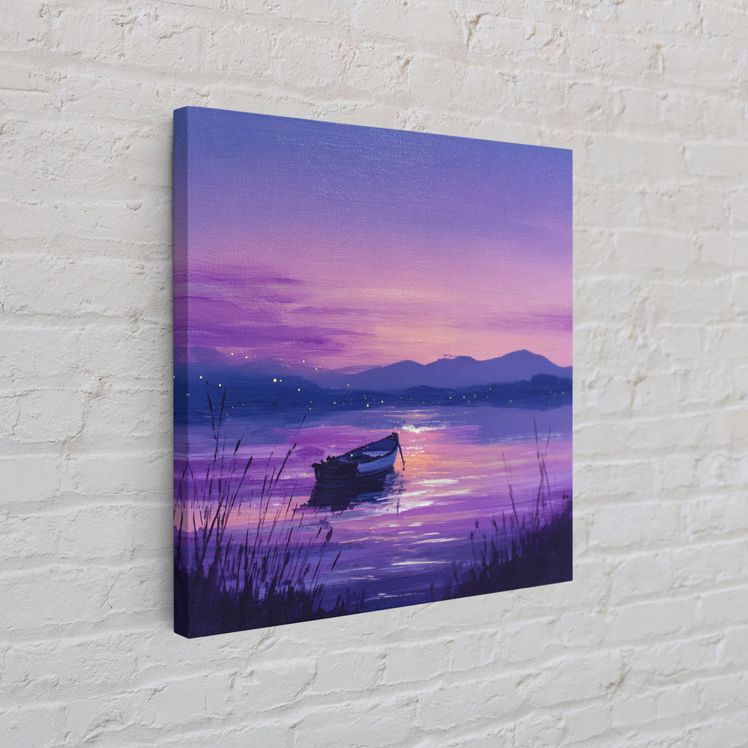 Purple Twilight Lake Boat Wall Art, Serene Sunset Landscape Canvas Print For Living Room Decor, Calming Modern Home Decor