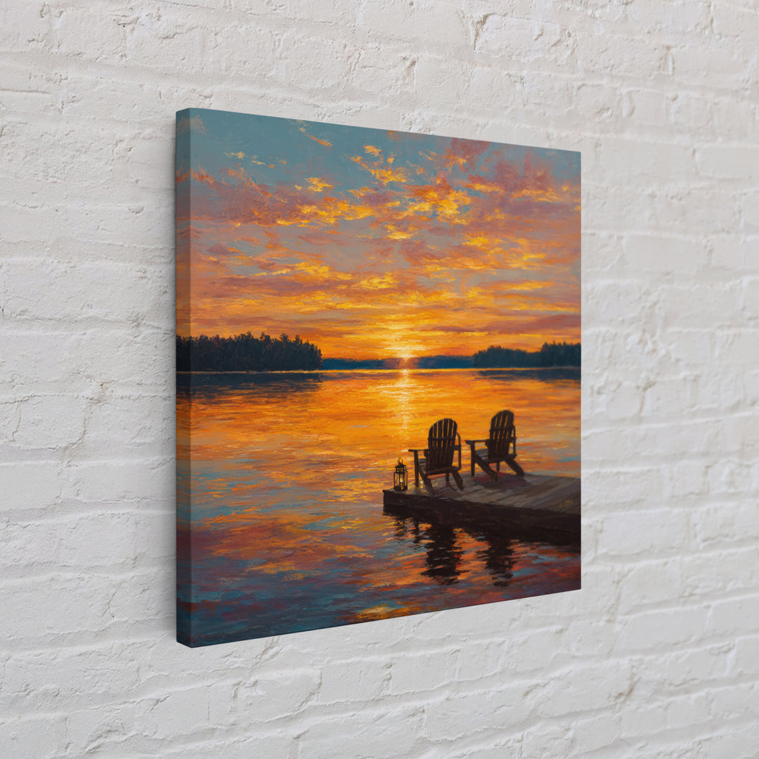Lakeside Sunset With Adirondack Chairs Painting Wall Art, Romantic Lake Landscape Print, Cozy Cabin Summer Home Decor