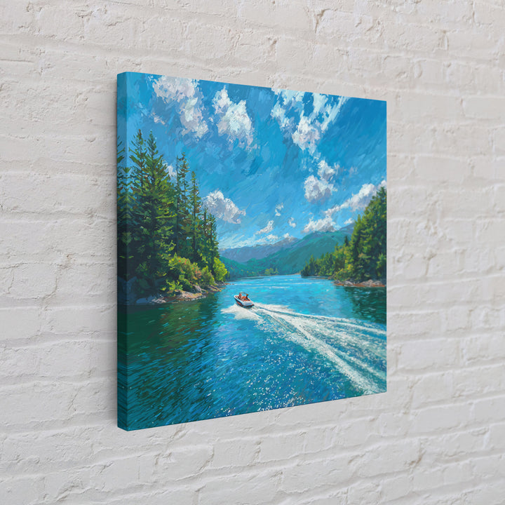 Boat On Mountain Lake Impressionist Landscape Wall Art, Turquoise Lake Painting Print, Nature Wall Art For Living Room Decor