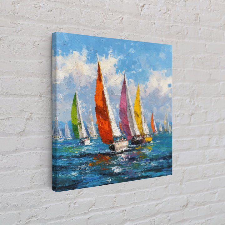 Colorful Sailboats Seascape Oil Painting Wall Art, Coastal Abstract Ocean Canvas Print, Beach House Decor Modern Nautical Art